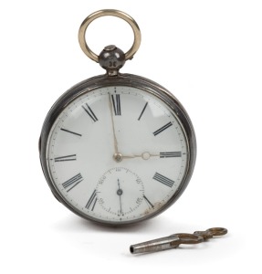 An antique English open face pocket watch. The enamel dial with Roman numerals and seconds subsidiary&nbsp;with bulls eye glass. Chain fusee movement with English lever escapement made by W. Ray, Bury St Edmunds, 70060. The case sterling silver, London 1841. 4
