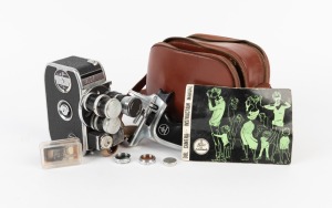 BOLEX-PAILLARD: Bolex D8L double-8 movie camera [#866652], c. 1958, with Yvar 36mm f2.8/Switar&nbsp;12.5mm f1.5/Sankyo 6.5mm f1.9 lenses, three lens caps, matching leather case, pistol-grip attachment, instruction booklet, and three lens filters.