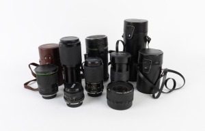 VARIOUS MANUFACTURERS: Group of six lenses, most with cases and front and rear caps, from brands such as Carl Zeiss Jena, Hanimex, Komura, Topman, and Vivitar. (6 lenses)