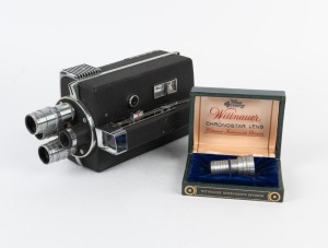 WITTNAUER: Cine-Twin 8mm movie camera in attractive wooden case with golden lettering, together with WD400 projector motor base and Chronostar lens in maker's box.