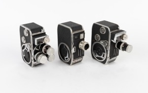 BOLEX-PAILLARD: Three c. 1950s double-8 movie cameras - one C8S with one lens, one C8L with one lens and lens cap, and one D8L with three lenses and three lens caps. (3 movie cameras)