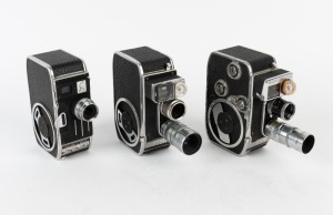 BOLEX-PAILLARD: Three c. 1950s double-8 movie cameras - one C8S with one lens, one B8L with two lenses and one lens hood, and one B8SL with two lenses. (3 movie cameras)