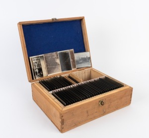 Group of forty-two c. 1917 10.5 x 8cm glass plate negatives organised into wooden box, featuring glimpses of Red Triangle Day 1917, Blue Mountains towns and natural attractions, early motorcars, and others. (42 items)