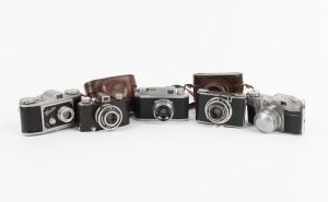 VARIOUS MANUFACTURERS: Five c. 1940s viewfinder cameras - one Bencini Relex with lens cap, one Finetta Werke Saraber Finetta&nbsp;(IID), one Ising Puck in maker's leather case, one Nihon Seiki Nescon 35, and one SEM Kim (I) in maker's leather case. (5 cameras)