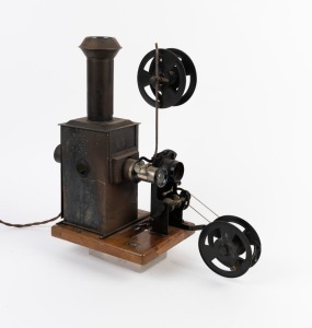 ERNEMANN DRESDEN: Circa 1910 Kinoptikon&nbsp;35mm projector, with chimney on original wooden base with Ernemann lettering and logo.