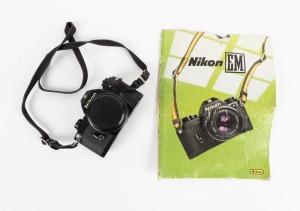 NIPPON KOGAKU: Nikon EM SLR camera [#6519828], c. 1979, with Nikon Series E 50mm f1.8 lens [#1680052], front lens cap, neck strap, and instruction booklet.