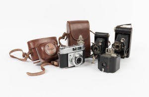 KODAK: Group of four cameras - one c. 1925 Vest Pocket Autographic Model B, one c. 1933 Junior 620 (144) with maker's leather case, one c. 1934 Baby Brownie, and one c. 1958 Retinette I (030) with maker's leather case. (4 cameras)