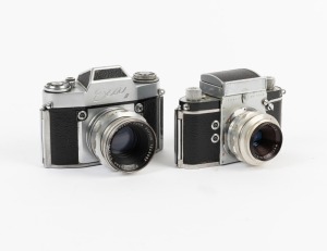 IHAGEE: Two c. 1960s SLR cameras - one Type 6 Exa with E. Ludwig Meritar 50mm f2.9 lens [#1350653], and one Exa II with Meyer G&ouml;rlitz Primoplan V 58mm f1.9 lens [#1246657]. (2 cameras)