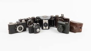 VARIOUS MANUFACTURERS: Six Bakelite-body cameras - one c. 1935 Elliot V. P. Twin, one c. 1938 Acma Sportshot Senior 20, one c. 1938 Roto Elvo, one c. 1948 Roto Nea Fotos, one c. 1948 Utility MFG Carlton, and one c. 1950 Ikko Sha Start 35 in maker's leathe
