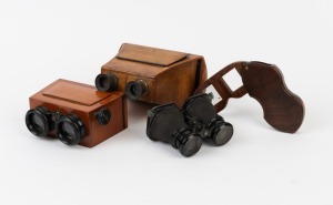 Group of four handheld stereoscopes, each of a different style, comprising one c. 1880s Brewster-type model, one c. 1890s box-type model, one c. 1900s wooden pocket folding model, and one c. 1910s Ica binoculars-type model. (4 items)