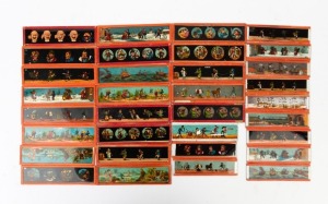 Group of thirty-three glass slides for magic lantern, ranging in size from 150 x 40mm to 130 x 35mm, featuring illustrations for children of ships, soldiers, medieval scenes, snowball fights, and many others. (33 items)