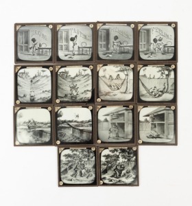Group of eighteen 8 x 8cm glass slides, four of which featuring depictions of Little Black Sambo, the rest featuring humorous before/after paired slides each labelled 'Catastrophe Series'. (18 items)