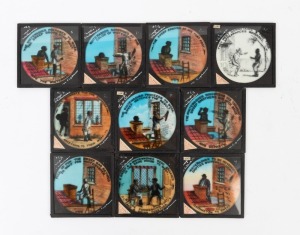 Complete series of ten 'Sweep and Whitewasher' 8 x 8cm&nbsp;coloured glass slides for magic lantern, c. 1880s, depicting a humorous narrative about a chimney sweep. (10 items)