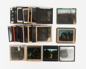 Group of twenty-five glass slides, most of them 8 x 8cm, featuring early Sydney railway, wheat silos in Mallee, orange pickers in Renmark,&nbsp;Mildura, the&nbsp;Grampians, and many others. (25 items)