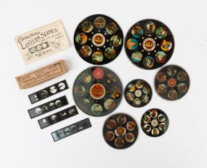 Mixed group of nineteen magic lantern glass slides, seven of which in disc form diameter 15cm or smaller, the rest rectangular 12 x 3cm, one still sealed in retail envelope. (19 items)