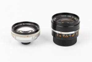 CANON: Two c. 1960s lenses - one Canon Lens EX 35mm f3.5 with rear cap, together with one Canon Lens SD 50mm f2.8. (2 lenses)