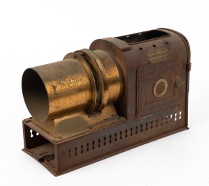 Circa 1890s magic lantern shell with lens, with 'Frost & Shipham The Lanternists Sydney' retailer's plate.