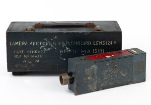 WILLIAMSON: British Air Ministry Type G.45 Gun Camera [#27639], c. 1940s, in timber box. These cameras were typically installed into the wings of the Spitfire, Hurricane, or Typhoon fighter aeroplanes.