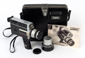 CANON: Auto Zoom 518 SV Super-8 movie camera, c. 1970s, in maker's case with additional lens, three lens caps, and instruction booklet.