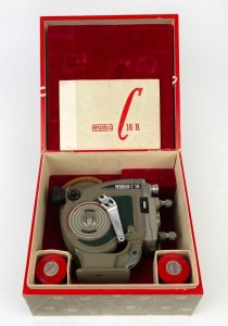 EUMIG: C16R 16mm movie camera, c. 1957, in maker's felt-lined box with two additional lenses and instruction booklet.