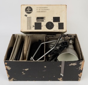 BOLEX-PAILLARD: So-called 'Jeu d'Accessoires/Kit of Accessories' box containing various film-making elements, such as a titler set with lamps.