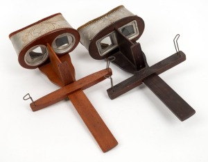 VARIOUS MANUFACTURERS: Two c. 1890s handheld stereoscopes - one Keystone View Company Monarch, and one Underwood & Underwood Mercury. (2 items)