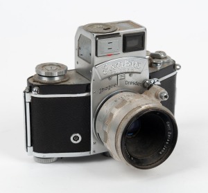IHAGEE: Exakta Varex IIa SLR camera [#928951], c. 1957, with Tessar 50mm f2.8 lens [#4938587] and metering prism viewfinder attachment.