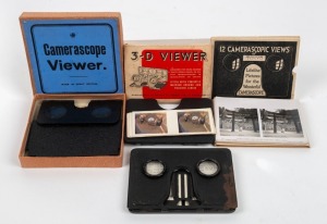 VARIOUS MANUFACTURERS: Group of three c. 1930s 3D-viewers, comprising one Coronet 3-D Viewer in retail packaging, one Camerascope Viewer in maker's box with matching box of&nbsp;12 views of Tokyo, and one anonymous model. (4 items)