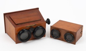 UNIS FRANCE: Two c. 1920s wooden handheld stereoscopes, one with variable focusing mechanism and measuring approx. 17 x 13.5 x 10cm, the other approx. 11.5 x 10 x 5.5cm. (2 items)
