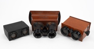Group of three handheld stereoscopes - one 19 x 14.5 x 11cm Brewster-style model, one approx. 15 x 11.5 x 7.5cm box-style model, and one approx. 11.5 x 9.5 x 5.5cm box-style model. (3 items)