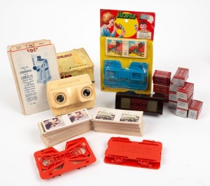 VARIOUS MANUFACTURERS: Four c. 1930s children's 3-D viewers - one Stereoclic&nbsp;Junior, one Tru-Vue, one Viewascope, and one Viewer 3D, all accompanied by several matching film strips/view cards.
