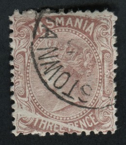 TASMANIA: 1880 - 91 (SG.161b) perf.11.5, 3d red-brown with striking variety "Line through THREE PE..", FU.