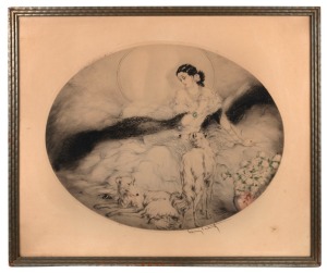 LOUIS ICART (French), (lady with hounds). oval lithograph, signed in pencil in the lower margin, 53 x 68cm overall
