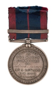 LIVERPOOL CITY POLICE Order of Merit 1851, 1 clasp (blank), obverse: coat-of-arms, reverse in raised letters (name engraved), &lsquo;Order of Merit, Presented by the Watch Committee to&nbsp;Patrick Turner as a reward for Good Conduct, Liverpool Police Force&rsquo;, 36mm.,