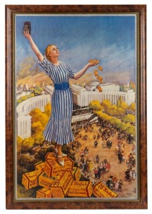 KODAK: Framed 87.5 x 61cm 1920s-era reproduction promotional poster of young woman holding Kodak camera and films, with Paris Trocadero in background.