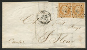 FRANCE - Postal History: 1855 (Nov. 28) ELS to St Flour with imperf Type II 10c bistre Napoleon pair tied by superb '998' (small figures) lozenge, with adjacent CLERMONT-FERRAND datestamp, ST FLOUR arrival backstamp.