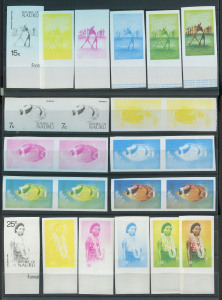 NAURU: 1973 PICTORIALS: Imperforate colour separation proof sets of six for the 15c Wrestling & 25c Nauruan Girl in marginal singles plus the 7c Ikimago Fish in pairs. Thematically appealing. (24). MUH.