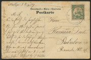 NEW GUINEA - German (Deutsch) New Guinea: 1909 PPC to Germany message headed "Mattupi I." & "7/12/09", view side showing attractive coloured image of "Asa-Kult-Haus in Siar" (native village scene), address side with DNG 5pf Yacht tied by Powell Type 18 Fr
