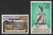 PAPUA NEW GUINEA: 1963 (SG.44s & 45s) 10/- Rabaul & &pound;1 Queen overprinted SPECIMEN (2); the 10/- very lightly mounted, the &pound;1 MUH.