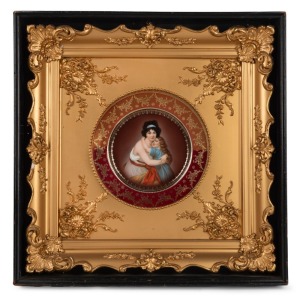 An antique Continental porcelain hand-painted circular plaque housed in ornate gilt frame with ebonised outer frame, most likely Viennese, 19th/20th century, 51 x 51cm overall