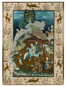 An Indo-Persian painting of a prince and hunting scene, 20th century, 112 x 82cm overall