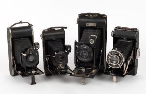 VARIOUS MANUFACTURERS: Four c. 1920s vertical-folding cameras - one Houghton No. 10 Ensign Carbine, one Contessa-Nettel Cocarette,&nbsp;one Demaria Fr&egrave;res D&eacute;hel, and one Ansco Actus with shutter release cable. (4 cameras)
