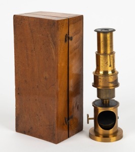 Drum-style brass microscope, 19cm at highest setting, in wooden box.