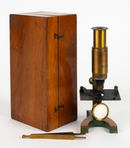 19th-century brass and steel microscope with orange and green painted base, 20cm at highest setting,&nbsp;in timber box with tweezers.