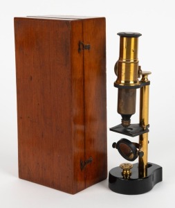 19th-century brass and steel microscope, 21.5cm at highest setting,&nbsp;in timber box with tweezers.