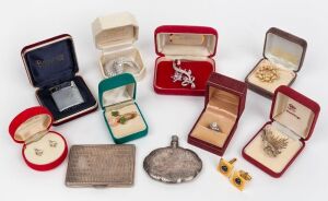 Vintage brooches, earrings, ring, cufflinks, silver cigarette case, cigarette lighter, and silver perfume bottles, 20th century, (11 items)
