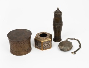 An Indo-Persian antique brass ink pot with calligraphic silver inlay; together with an antique Asian lime canister, lime pot and metal jar, 18th/19th/20th century,&nbsp;(4 items), the largest 15cm high