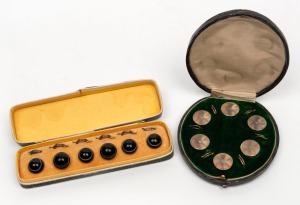 A boxed set of shirt studs&nbsp;in sterling silver with rose gold inlay and engine turned decoration, by Samuel Mordan & Co. of Chester, circa 1911; together with a&nbsp;set of banded agate examples with single white pin stripe, 20th century, (2 items)