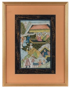Three Indo-Persian hand-painted scenes, 20th century, the largest 26 x 18cm, 38 x 30cm overall