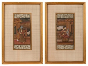A pair of illuminated Indo-Persian manuscript pages, framed and mounted, 20 x 10cm each, 34 x 23cm each overall